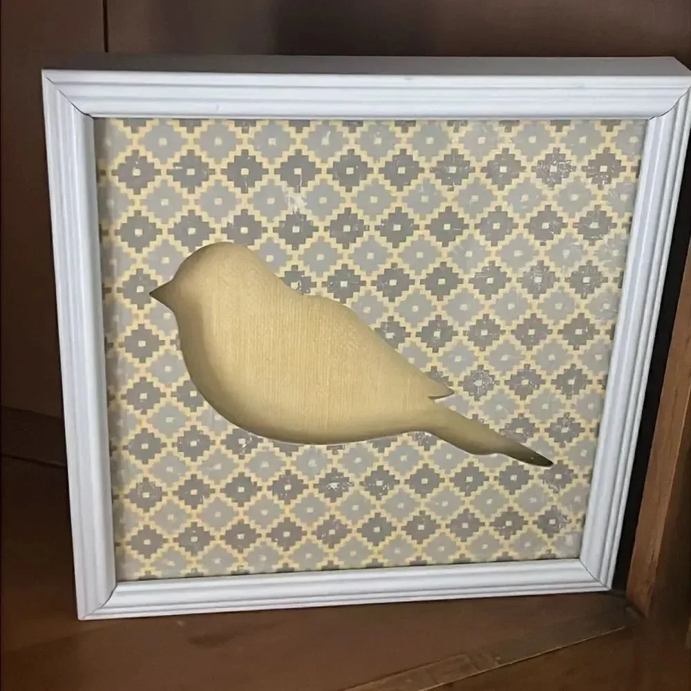 Bird Nature Yellow Grey Pattern 3D Set of Square White Picture Frames Artwork